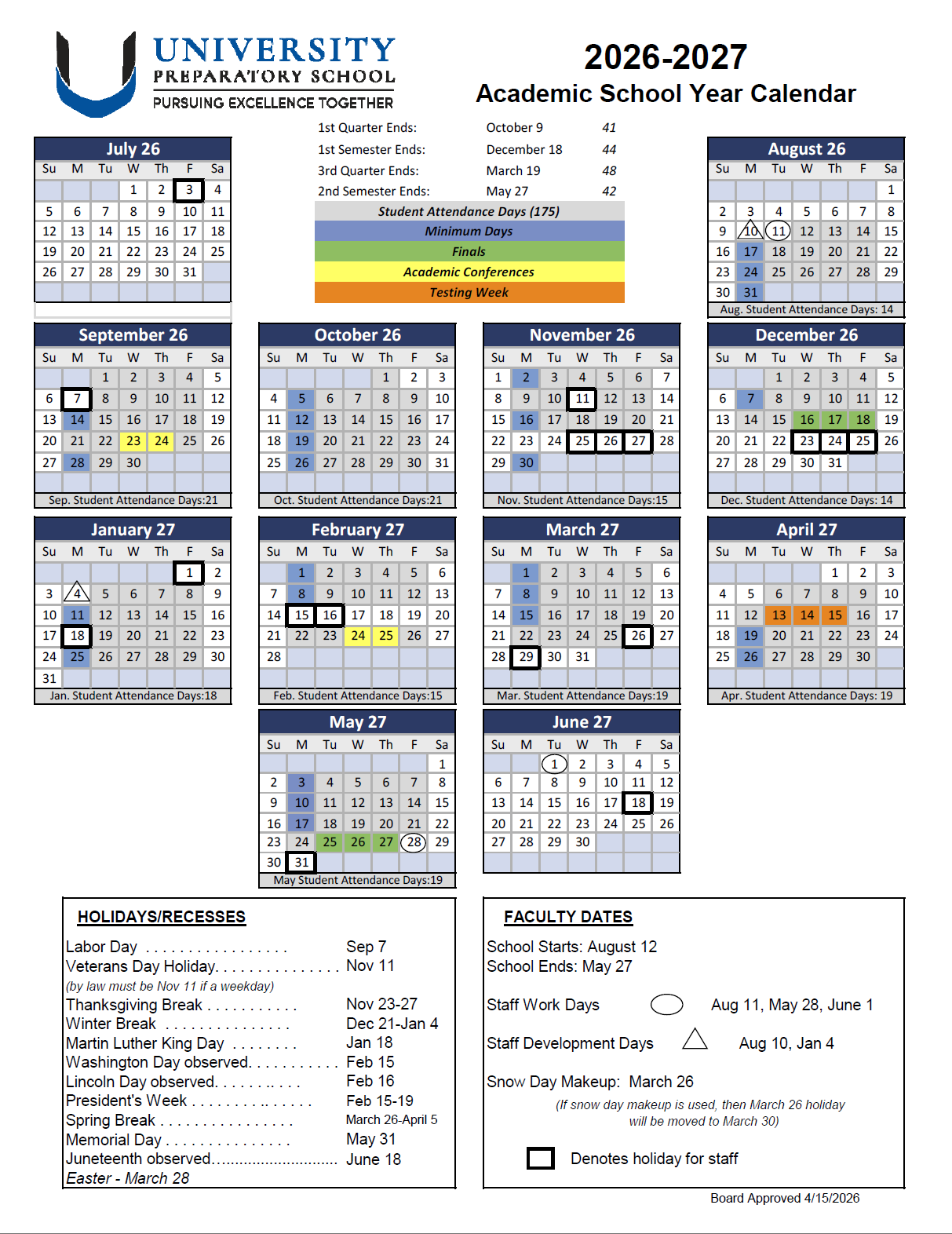 U-Prep 2025-26 Academic Calendar